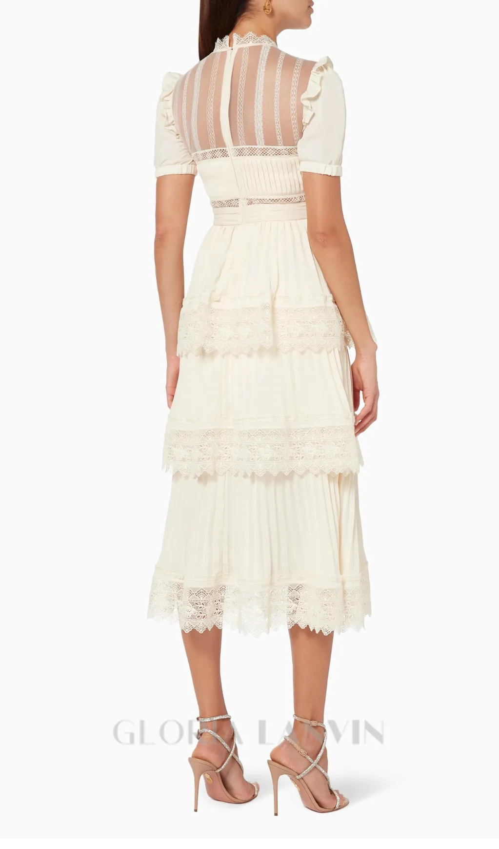 PLEATED LACE MIDI DRESS IN APRICOT Gloria Lanvin