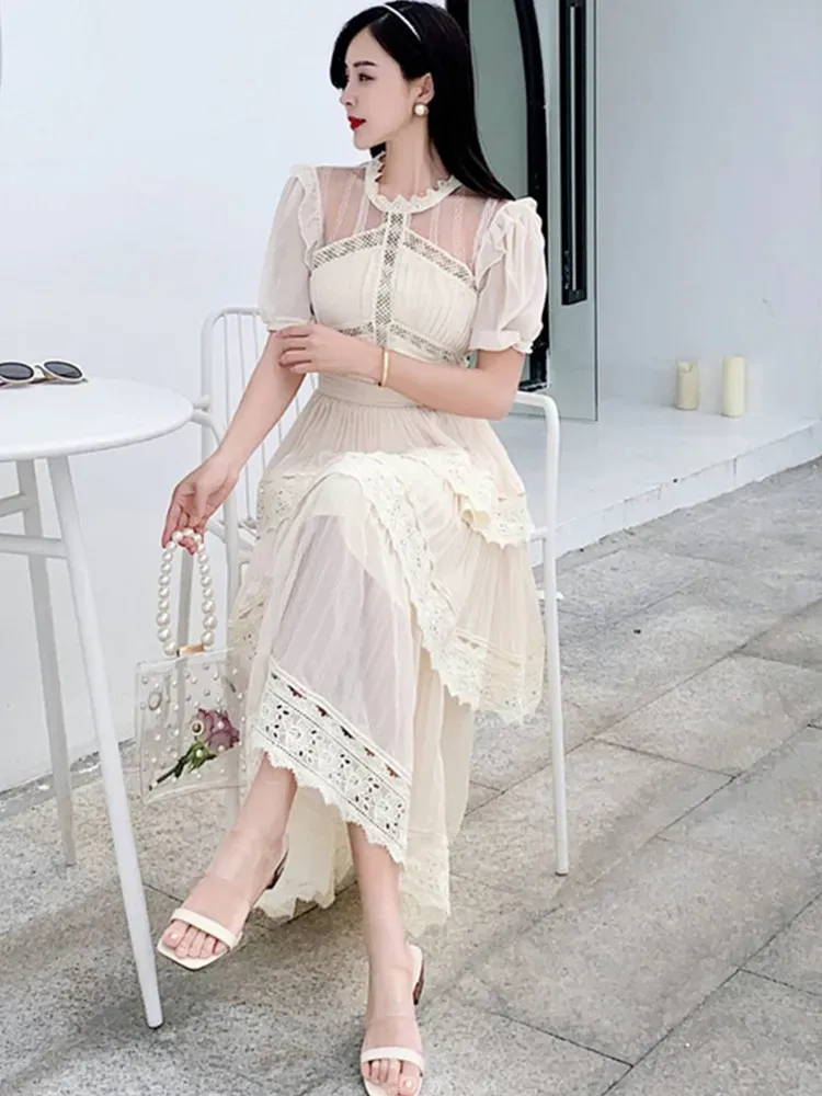 PLEATED LACE MIDI DRESS IN APRICOT Gloria Lanvin