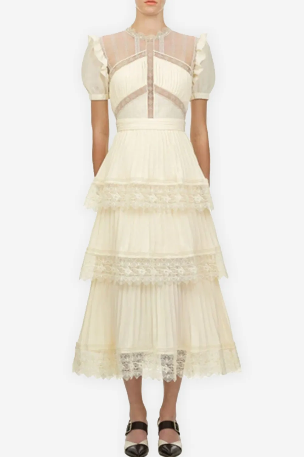 PLEATED LACE MIDI DRESS IN APRICOT Gloria Lanvin