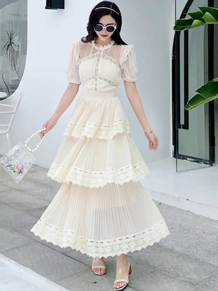 PLEATED LACE MIDI DRESS IN APRICOT Gloria Lanvin