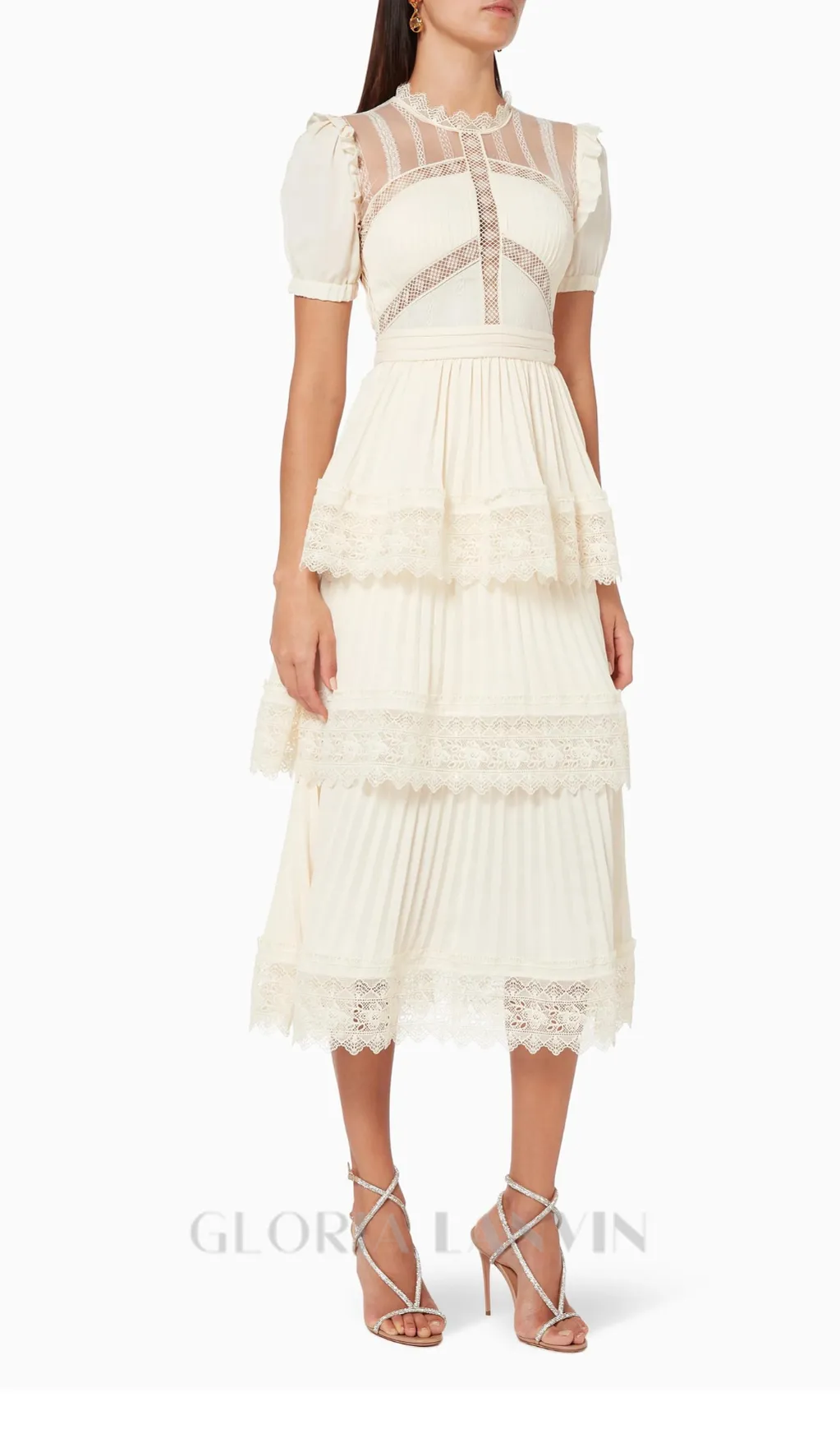 PLEATED LACE MIDI DRESS IN APRICOT Gloria Lanvin
