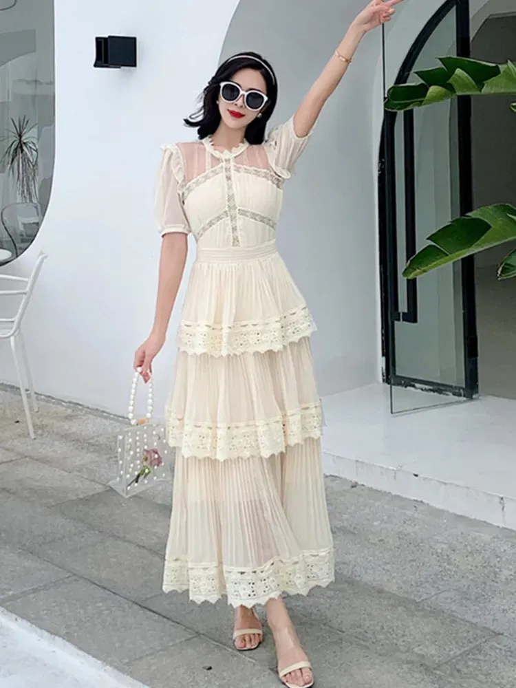 PLEATED LACE MIDI DRESS IN APRICOT Gloria Lanvin