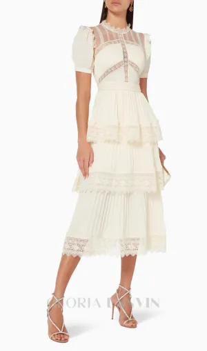 PLEATED LACE MIDI DRESS IN APRICOT Gloria Lanvin