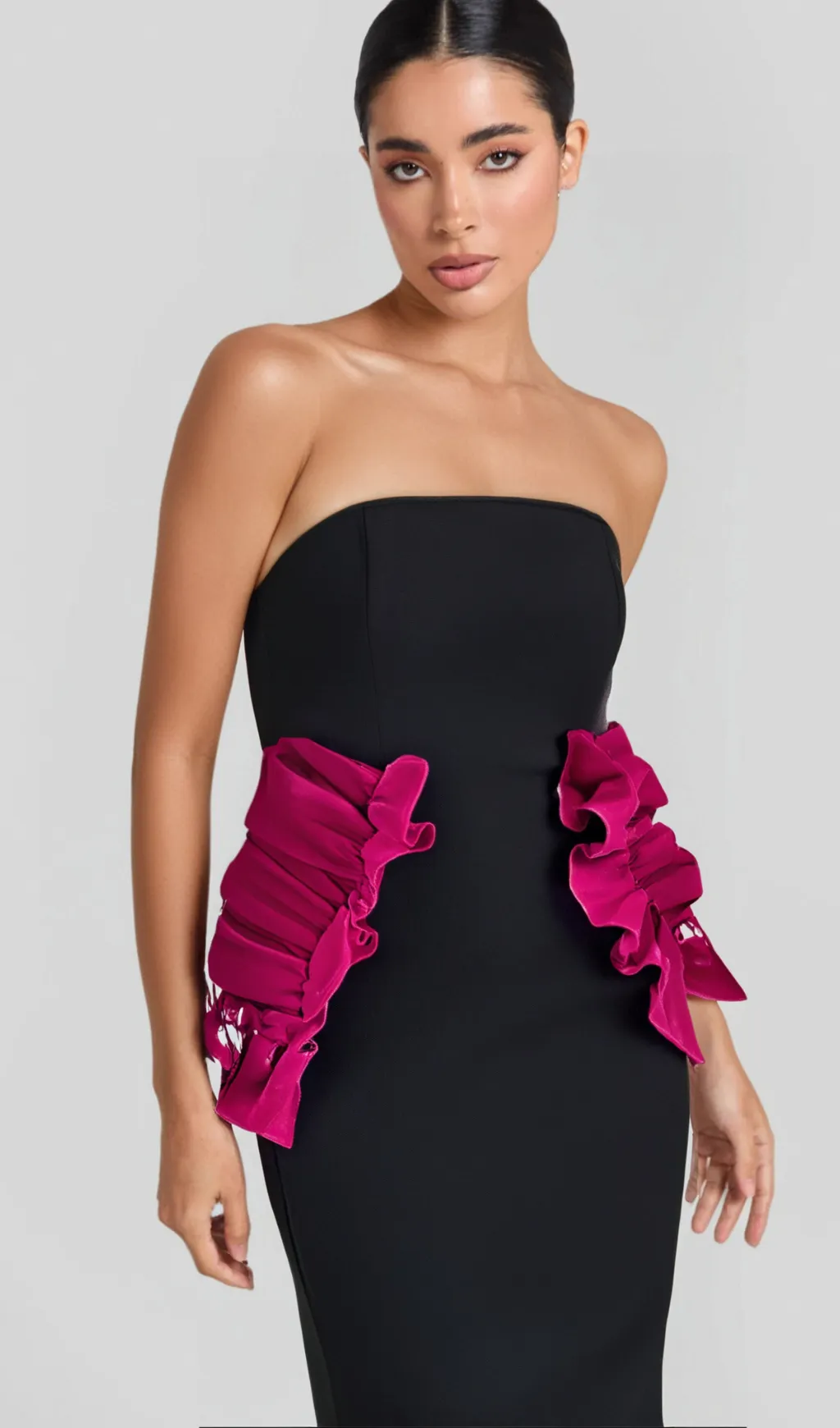 PLEATED ORNAMENTED BANDAGE MAXI DRESS IN BLACK Gloria Lanvin