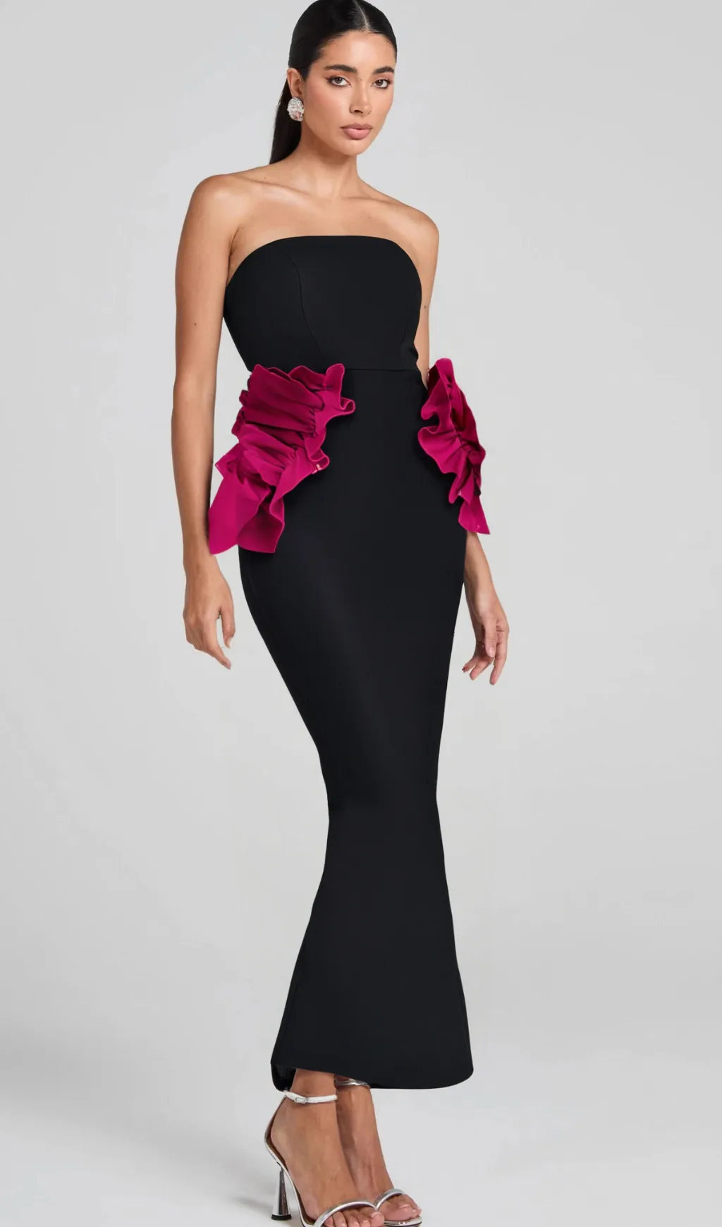 PLEATED ORNAMENTED BANDAGE MAXI DRESS IN BLACK Gloria Lanvin