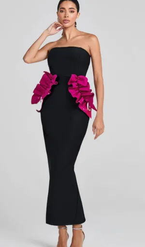PLEATED ORNAMENTED BANDAGE MAXI DRESS IN BLACK Gloria Lanvin