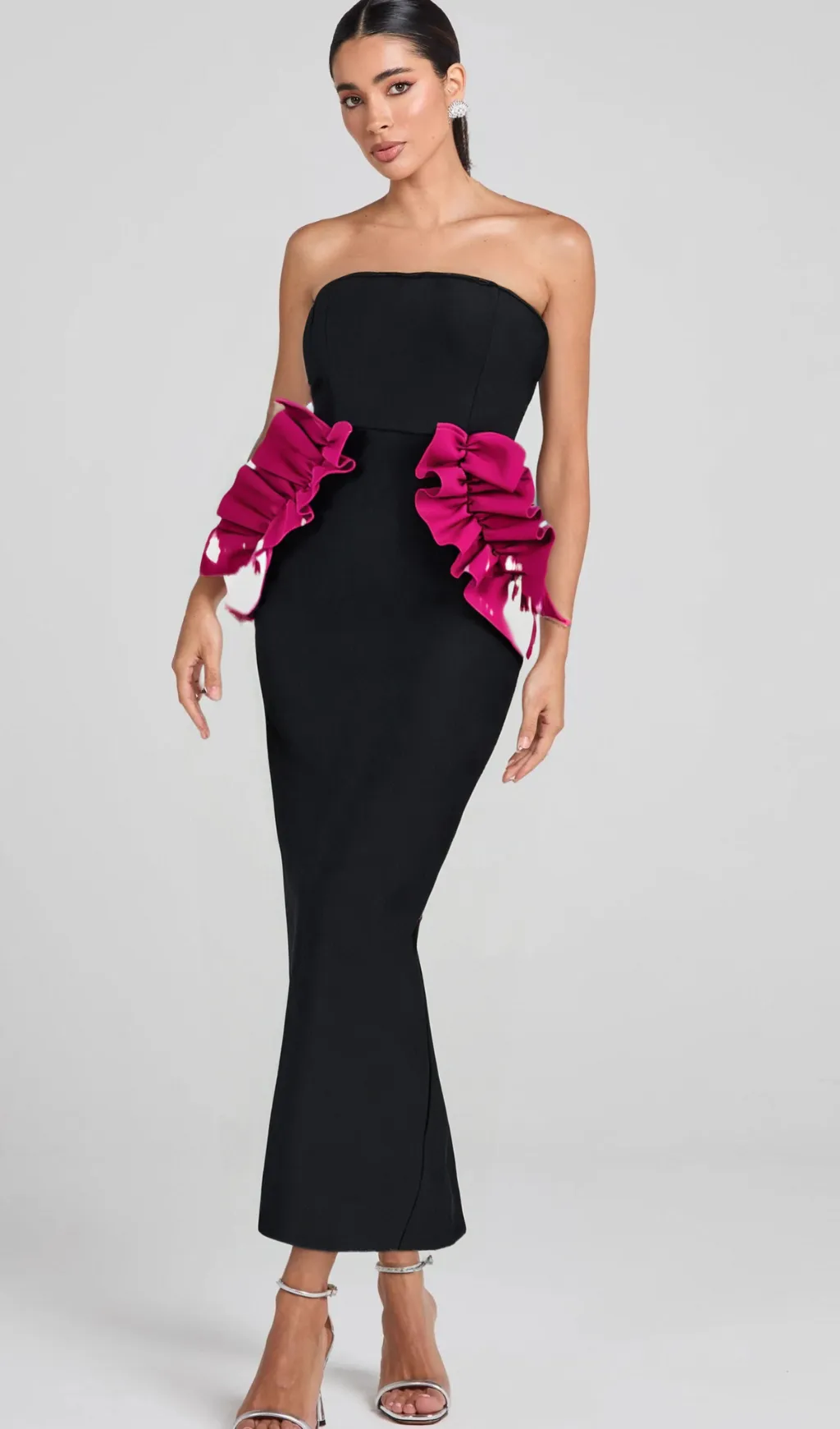 PLEATED ORNAMENTED BANDAGE MAXI DRESS IN BLACK Gloria Lanvin