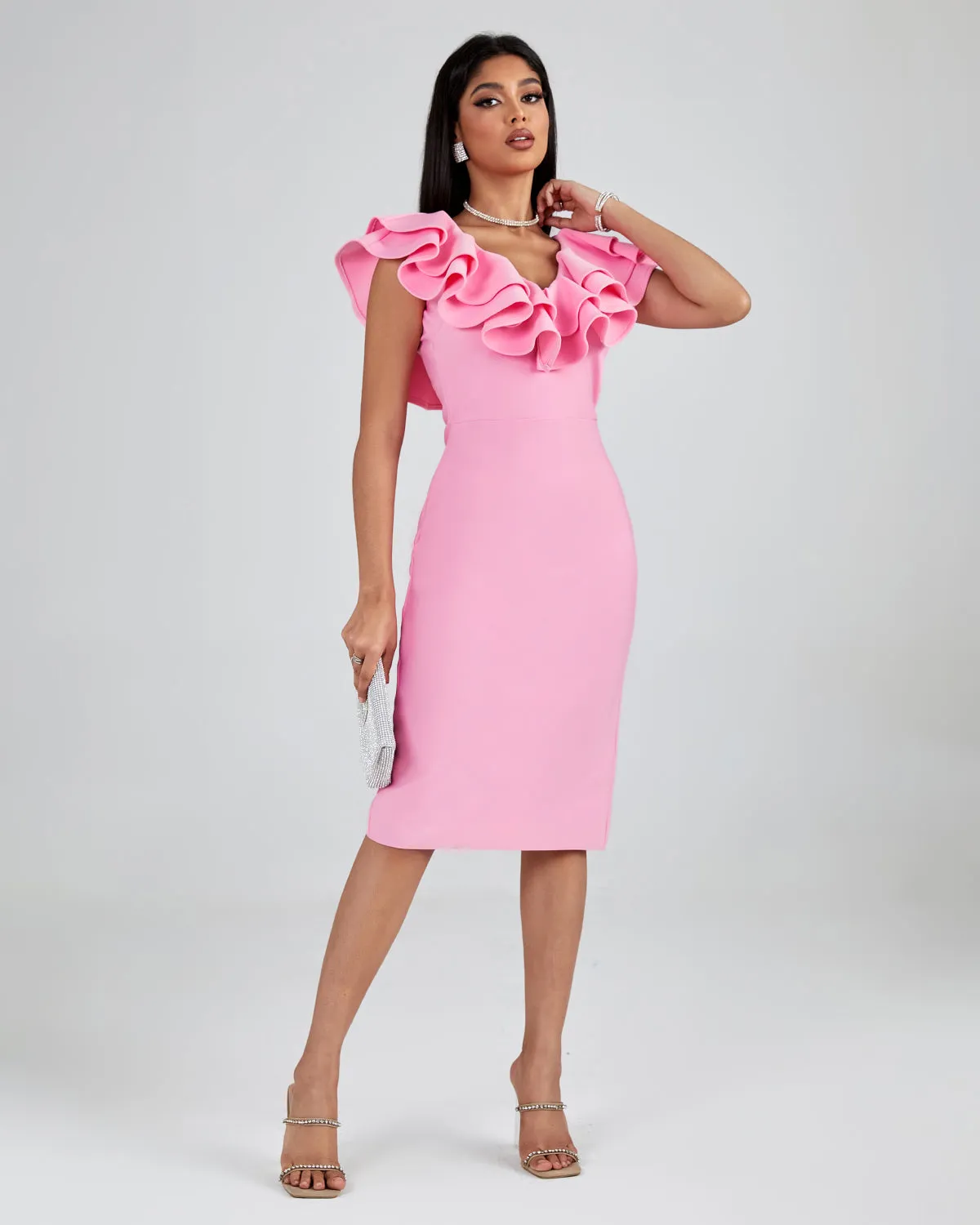 PLEATED RUFFLE BANDAGE MIDI DRESS IN PINK Gloria Lanvin