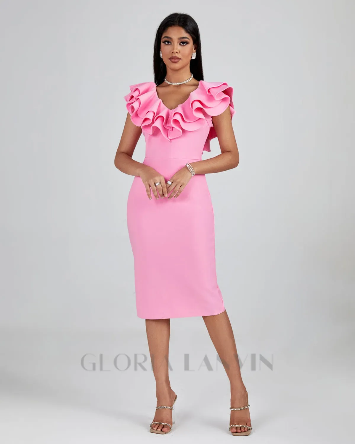 PLEATED RUFFLE BANDAGE MIDI DRESS IN PINK Gloria Lanvin
