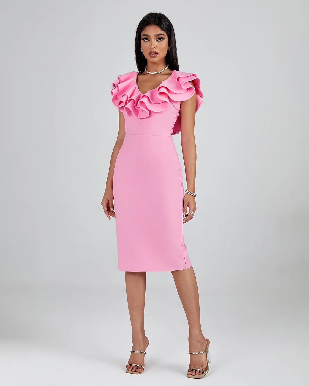 PLEATED RUFFLE BANDAGE MIDI DRESS IN PINK Gloria Lanvin