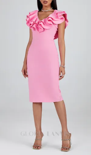 PLEATED RUFFLE BANDAGE MIDI DRESS IN PINK Gloria Lanvin
