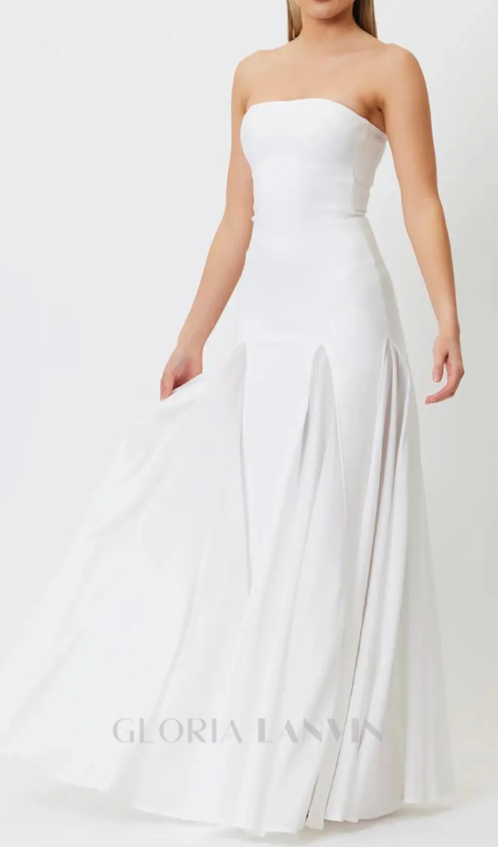 pleated trim strapless maxi dress in white Gloria Lanvin