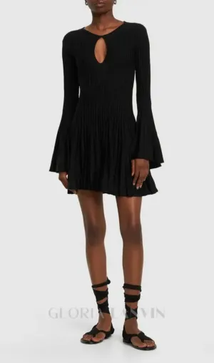 pleated wool knit long sleeve mini dress in black Gloria Lanvin