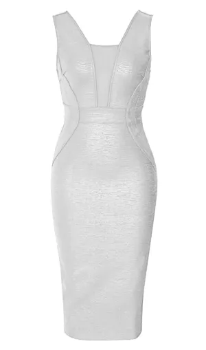 PLUNGE MESH BANDAGE MIDI DRESS IN SLIVER Gloria Lanvin