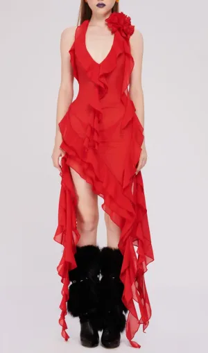 PLUNGING NECKLINE RUFFLE DRESS IN RED Gloria Lanvin