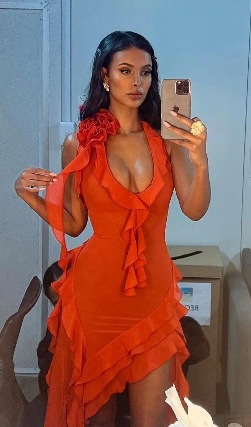 PLUNGING NECKLINE RUFFLE DRESS IN RED Gloria Lanvin