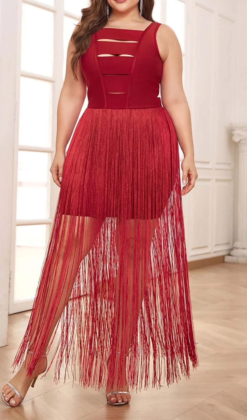 PLUS CUTOUT TASSEL MIDI DRESS IN RED Gloria Lanvin