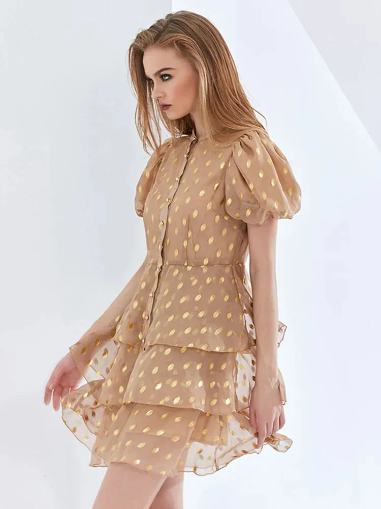 polka Dot Layered Print Mini Dress in kahki Gloria Lanvin