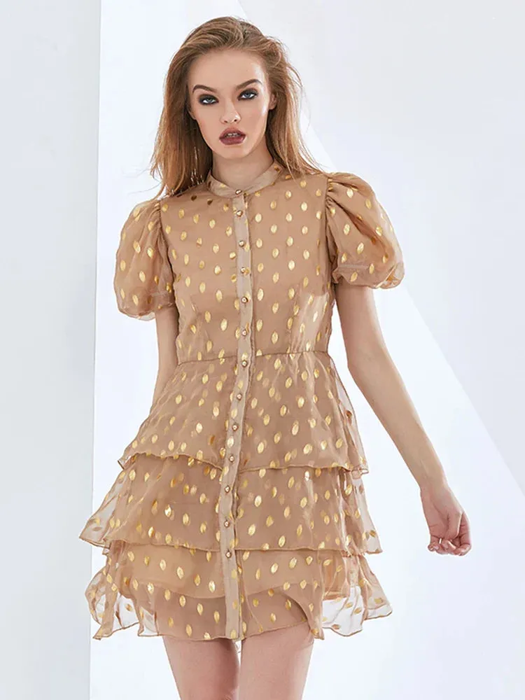 polka Dot Layered Print Mini Dress in kahki Gloria Lanvin