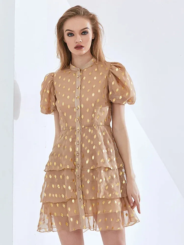 polka Dot Layered Print Mini Dress in kahki Gloria Lanvin