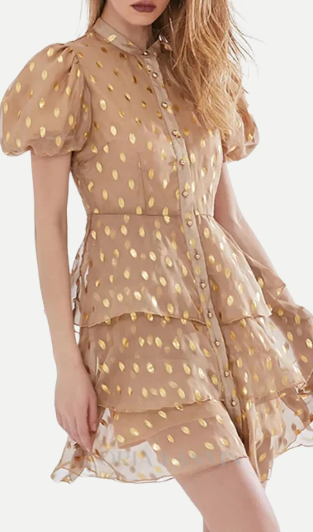 polka Dot Layered Print Mini Dress in kahki Gloria Lanvin