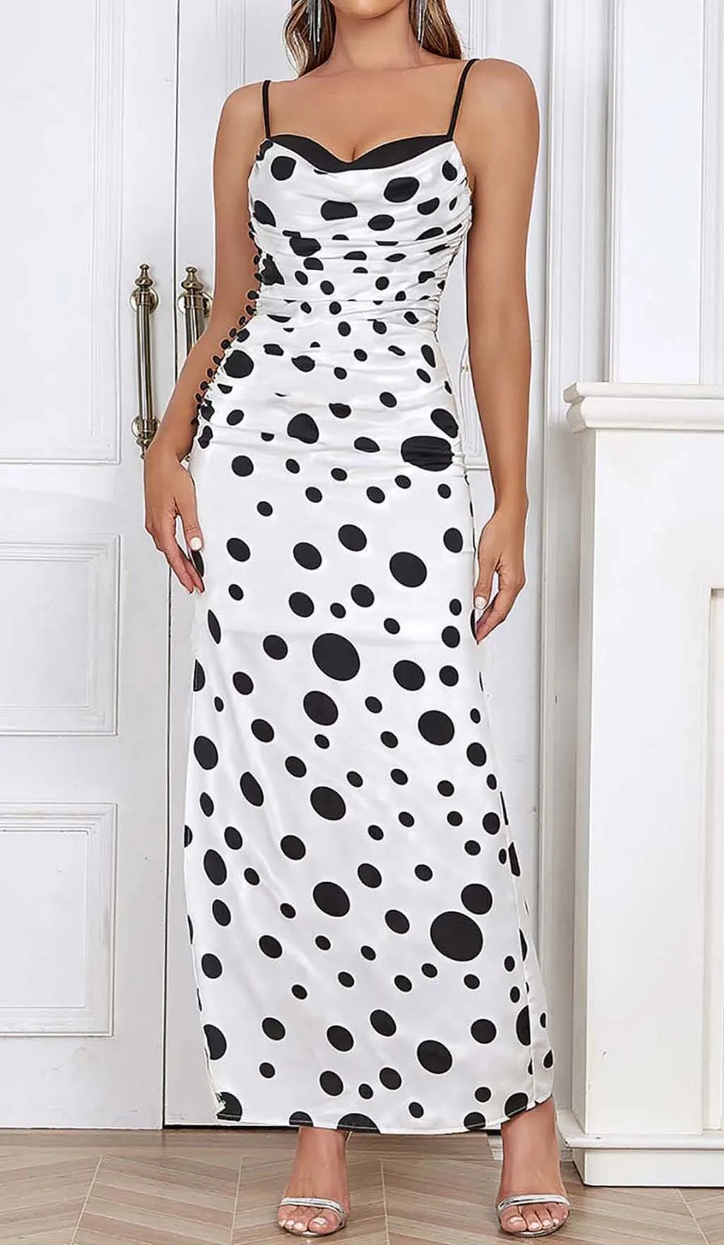 POLKA DOT PRINT RUCHED MERMAID MAXI DRESS Gloria Lanvin