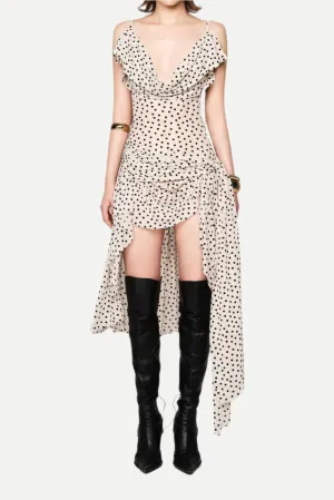 Polka dot sleeveless irregular hem midi dress in apricot Gloria Lanvin