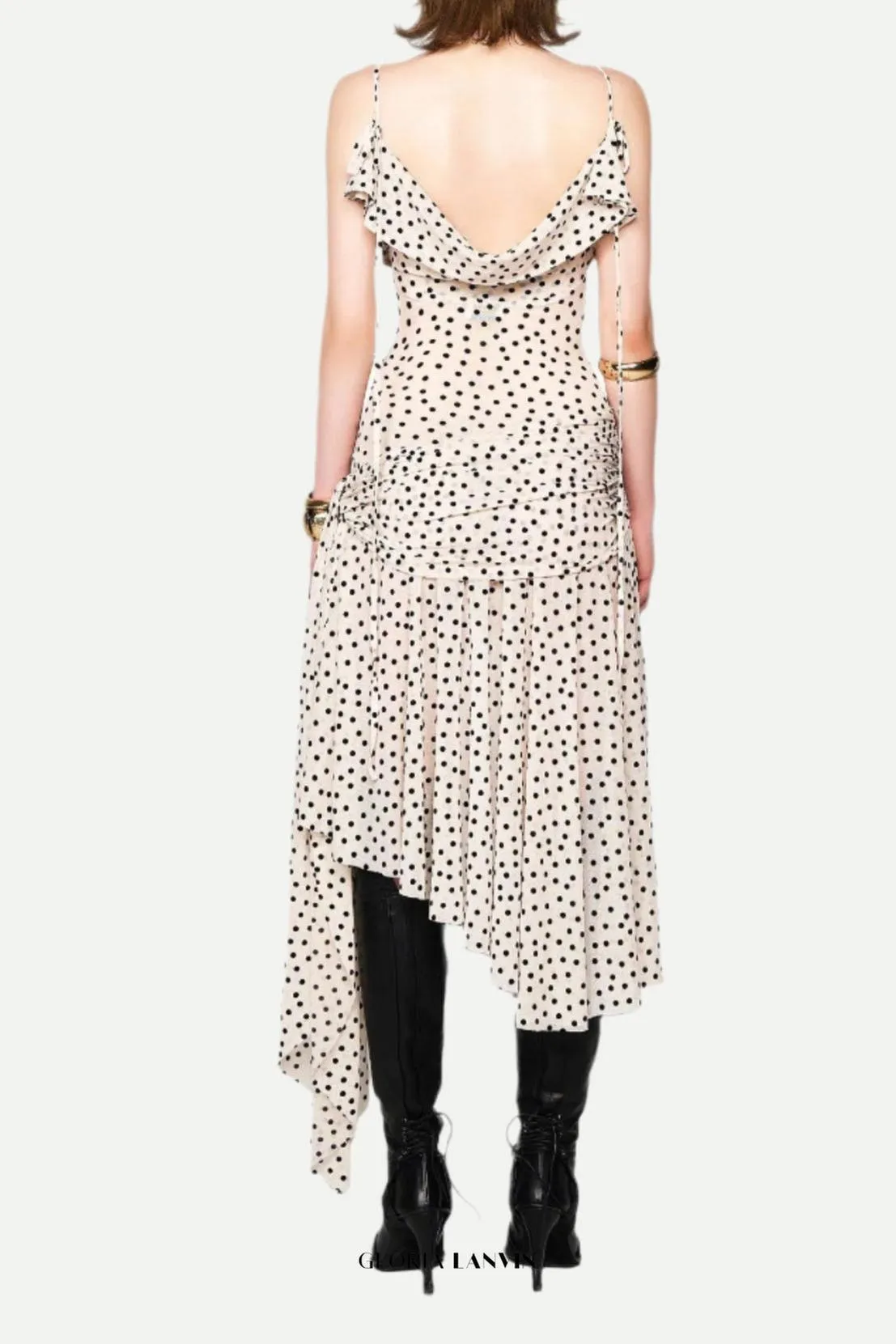 Polka dot sleeveless irregular hem midi dress in apricot Gloria Lanvin