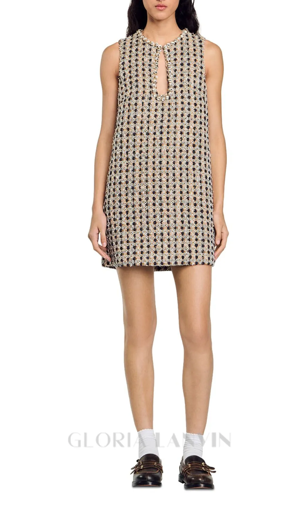 POPPY RHINESTONE-EMBELLISHED TWEED CAMEL MINI DRESS Gloria Lanvin