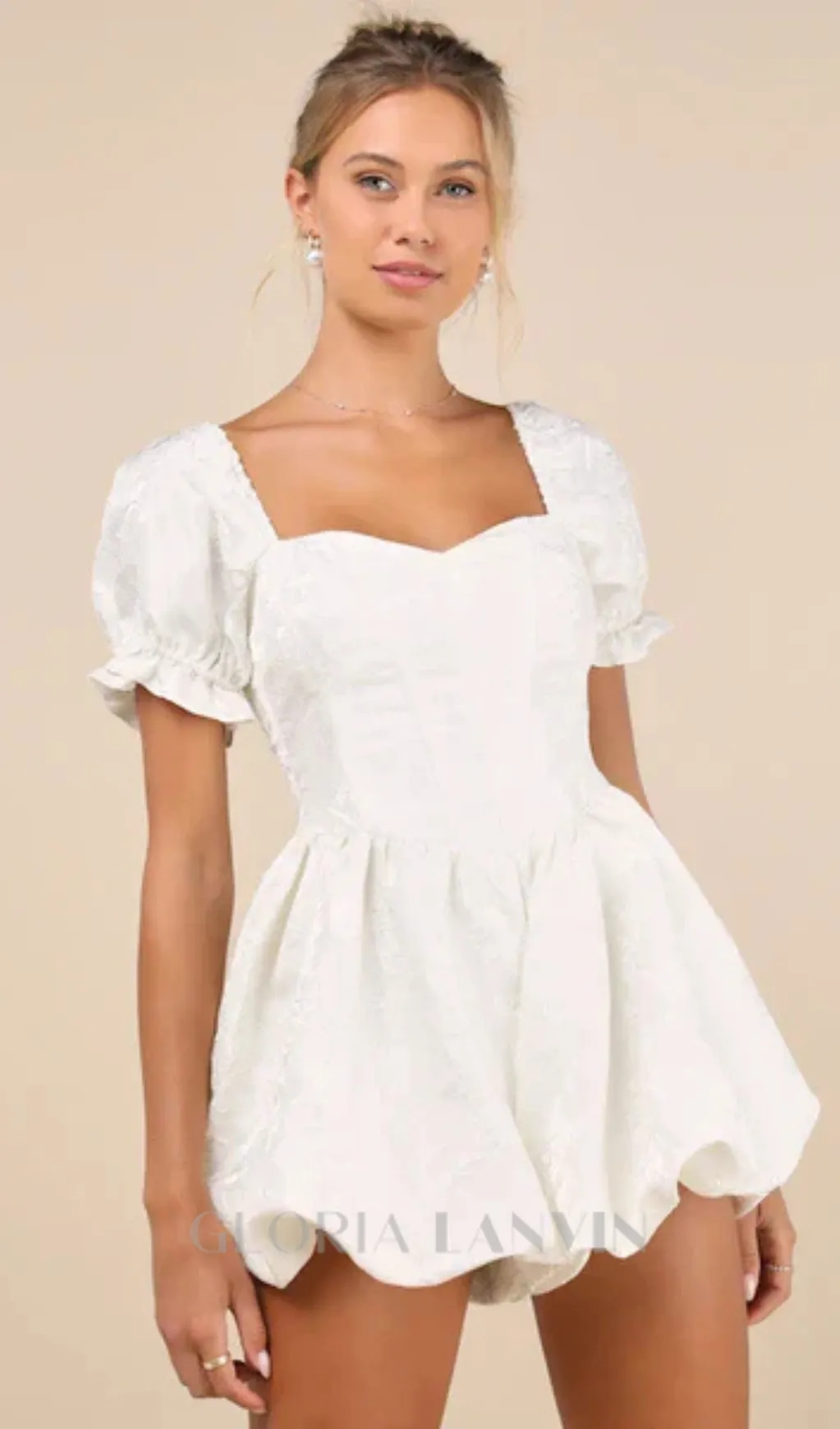 Princess Aesthetic Ivory Floral Jacquard Bubble-Hem Romper Gloria Lanvin