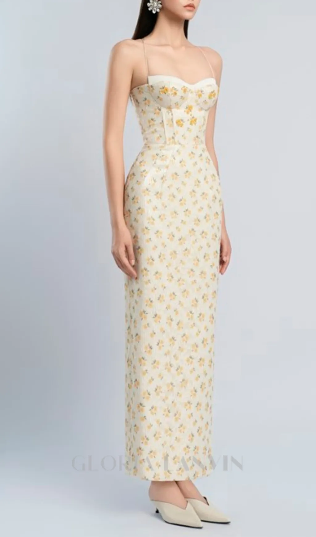 print embroidery maxi dress in beige Gloria Lanvin