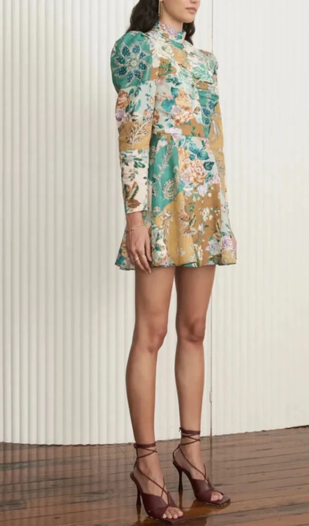 PRINT LONG SLEEVE RUCHED MINI DRESS Gloria Lanvin