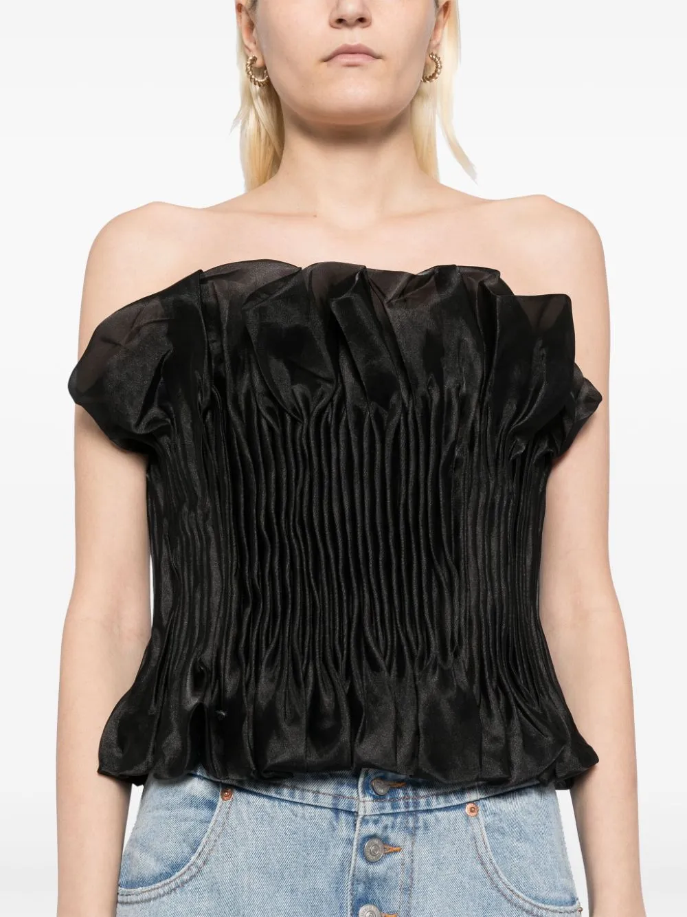 print ruffle trim top in black Gloria Lanvin
