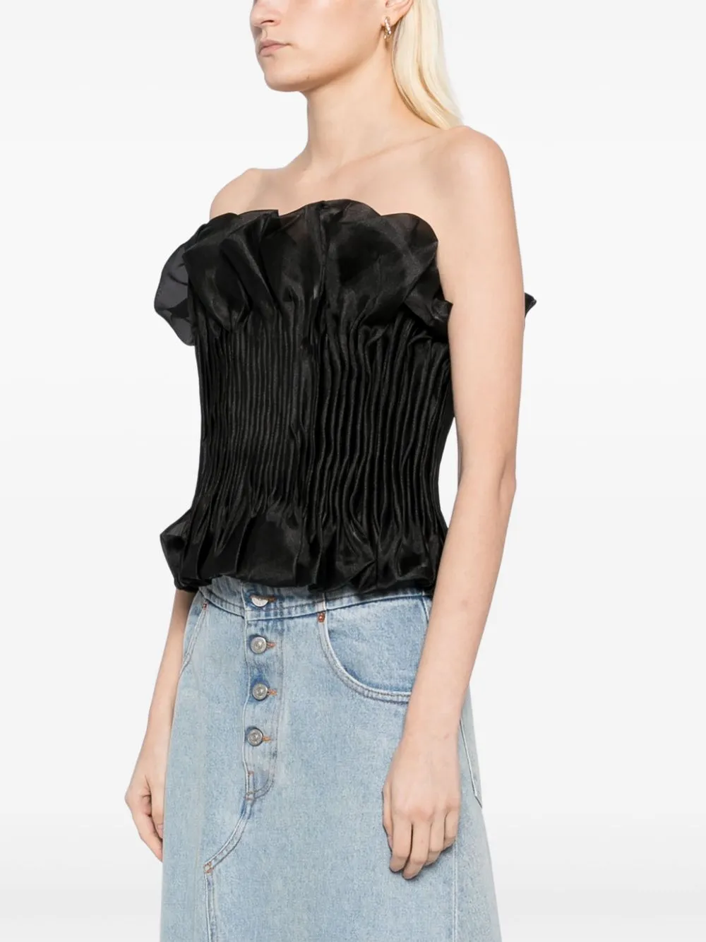 print ruffle trim top in black Gloria Lanvin