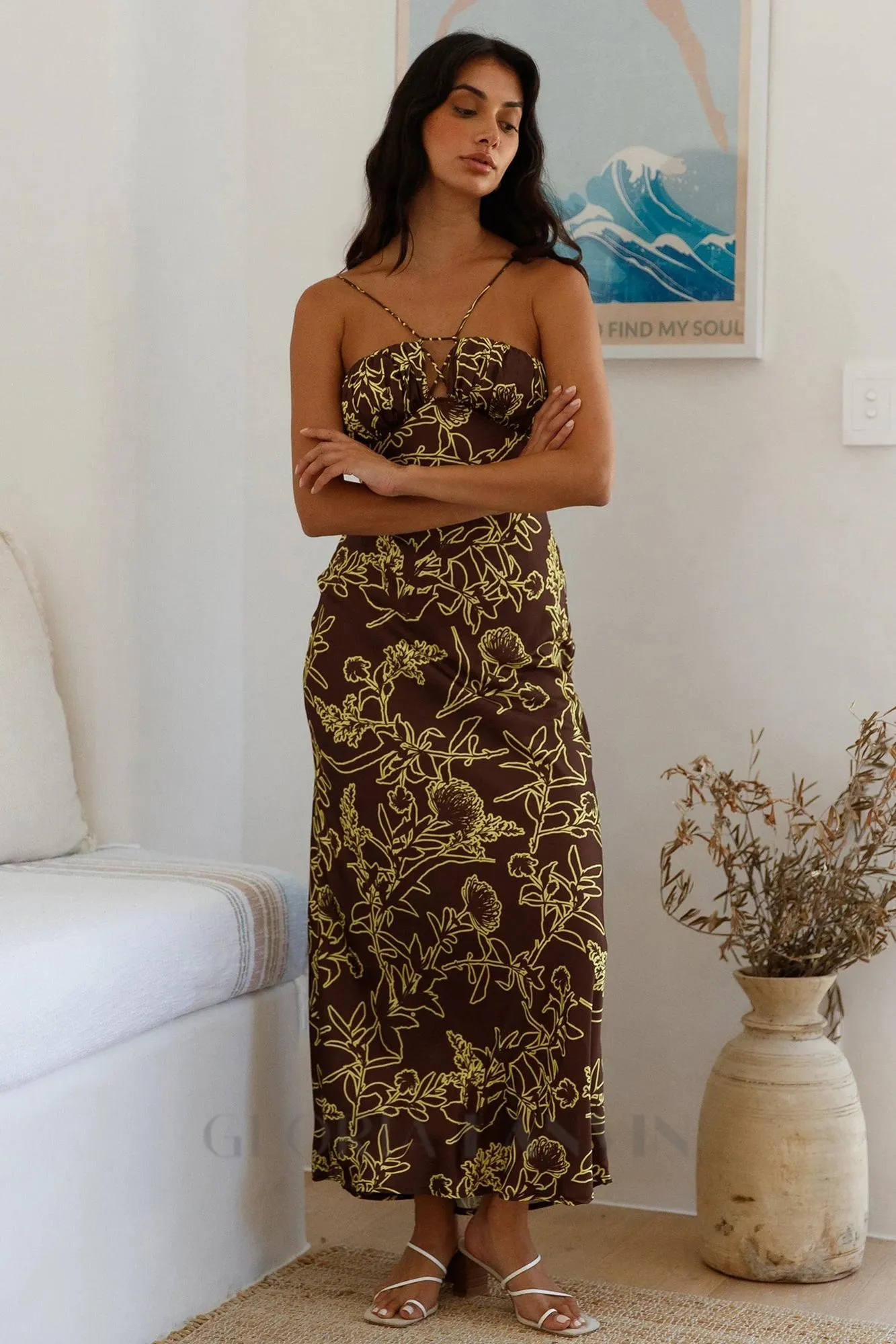 print satin maxi dress in brown Gloria Lanvin