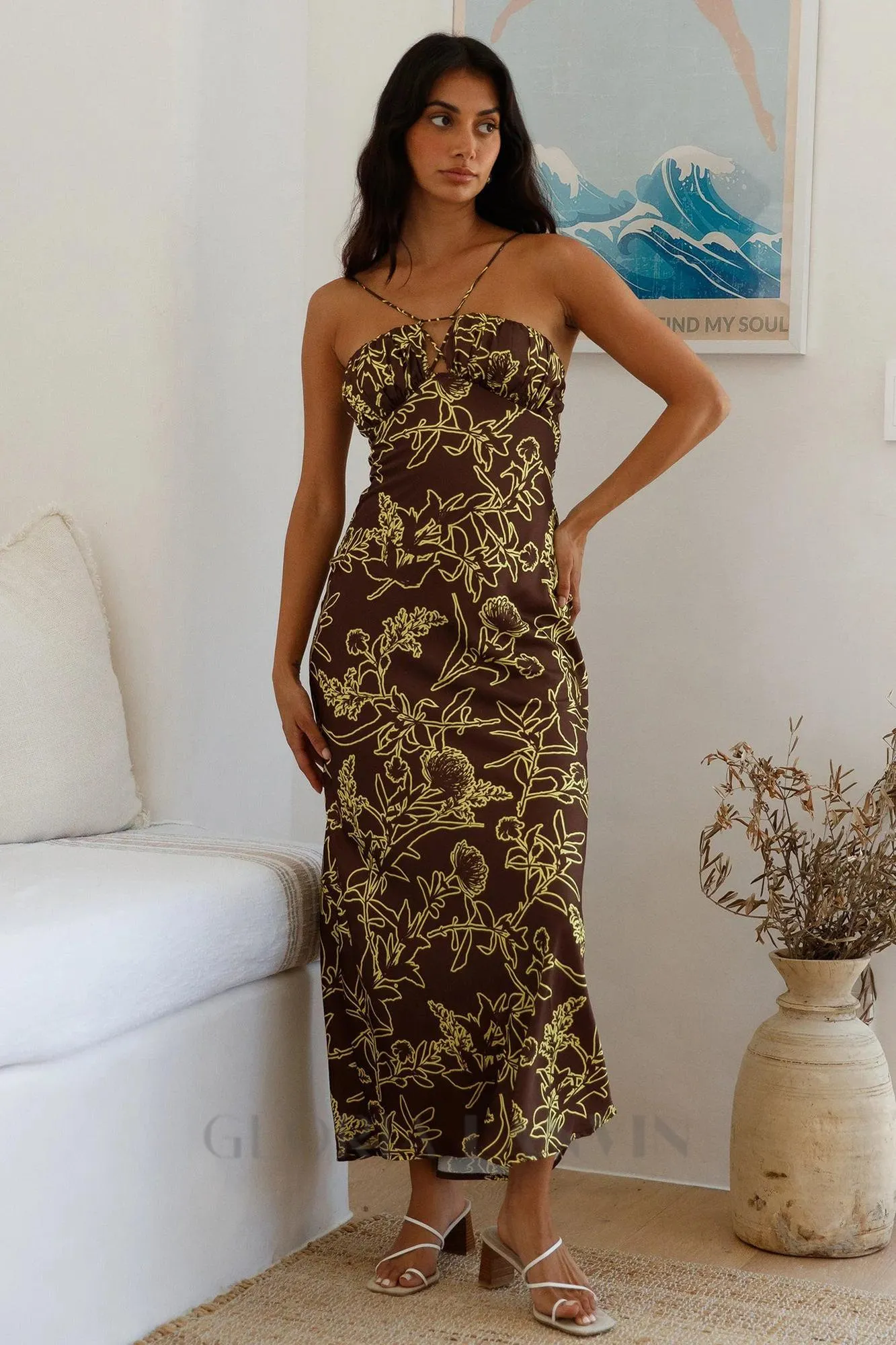 print satin maxi dress in brown Gloria Lanvin