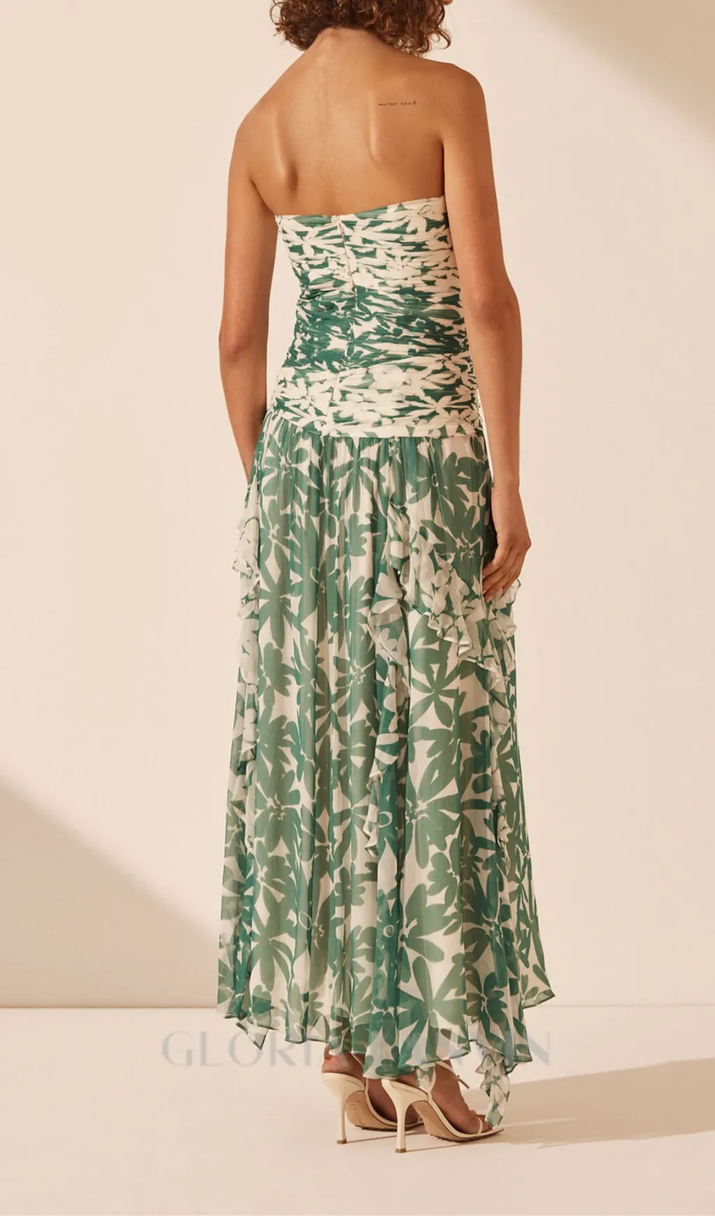 PRINT STRAPLESS CONTRAST MAXI DRESS IN GREEN Gloria Lanvin