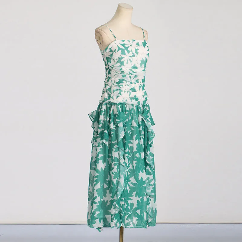 PRINT STRAPLESS CONTRAST MAXI DRESS IN GREEN Gloria Lanvin