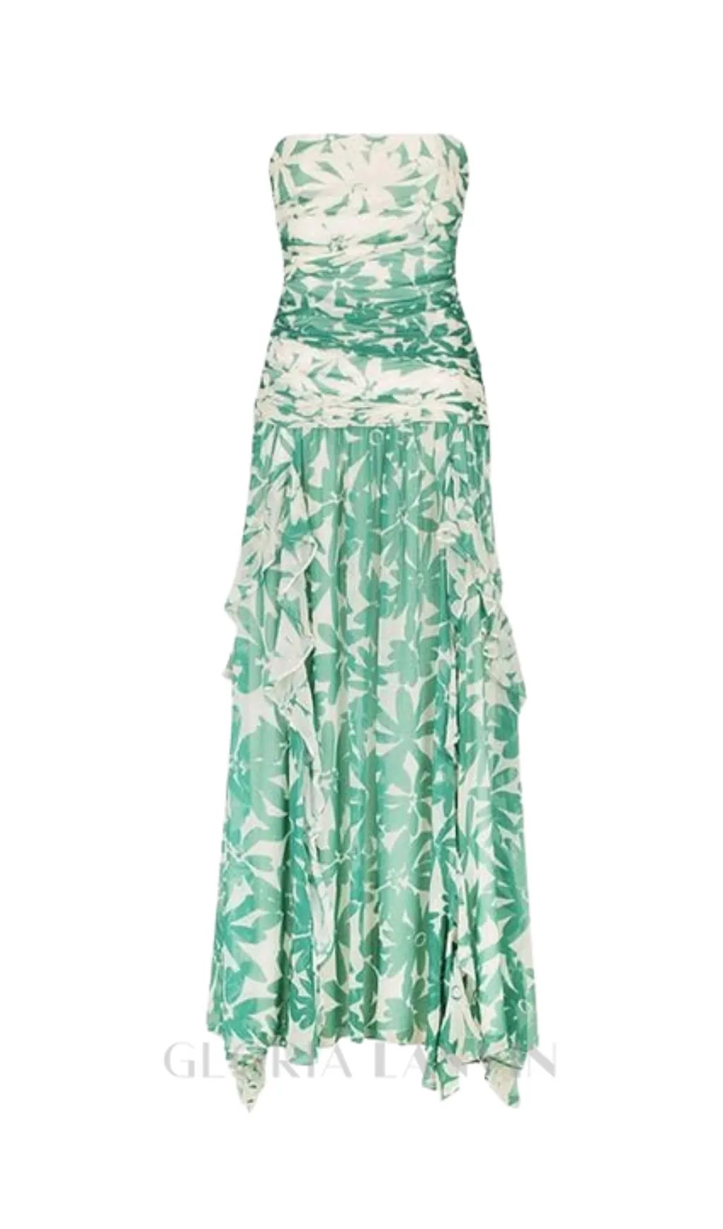 PRINT STRAPLESS CONTRAST MAXI DRESS IN GREEN Gloria Lanvin