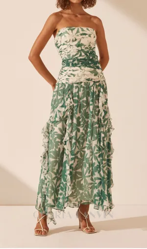 PRINT STRAPLESS CONTRAST MAXI DRESS IN GREEN Gloria Lanvin