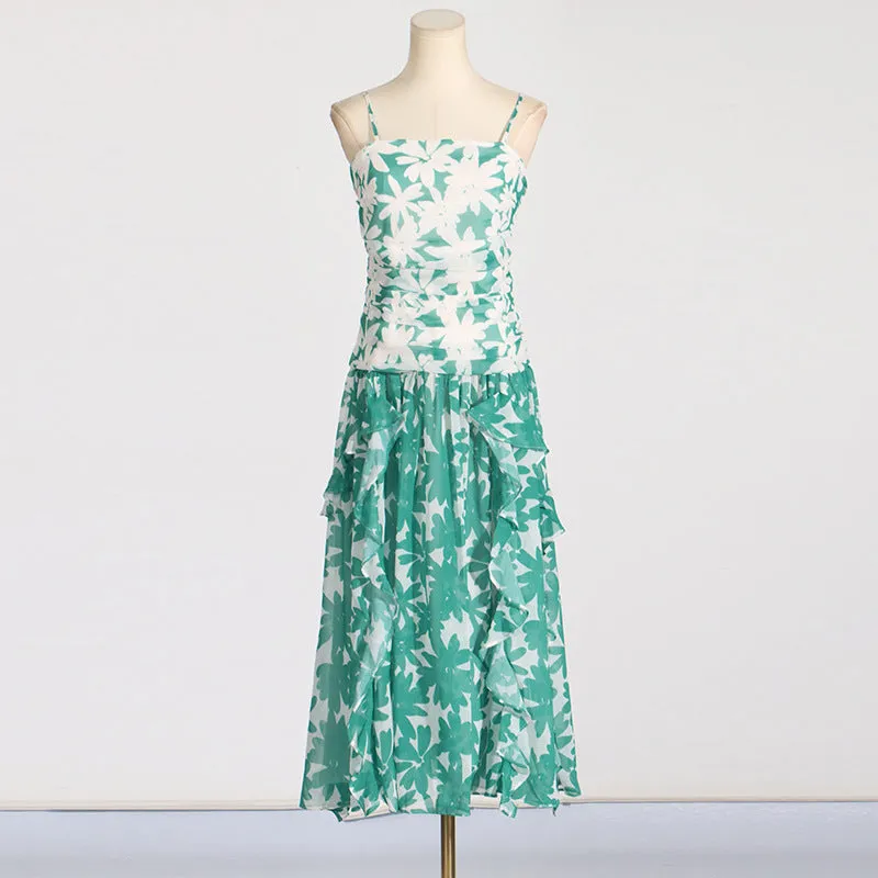 PRINT STRAPLESS CONTRAST MAXI DRESS IN GREEN Gloria Lanvin