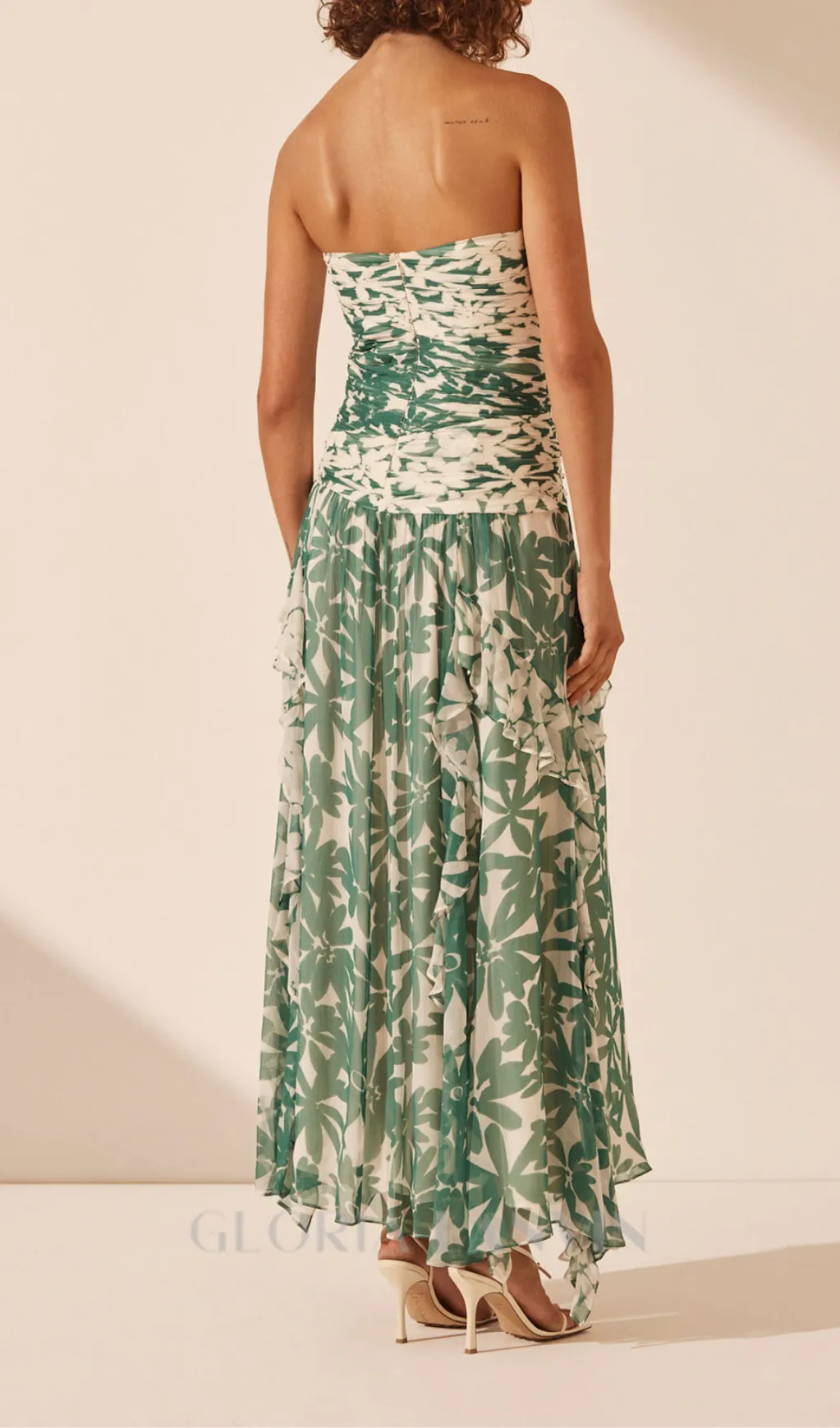 PRINT STRAPLESS CONTRAST MAXI DRESS IN GREEN Gloria Lanvin