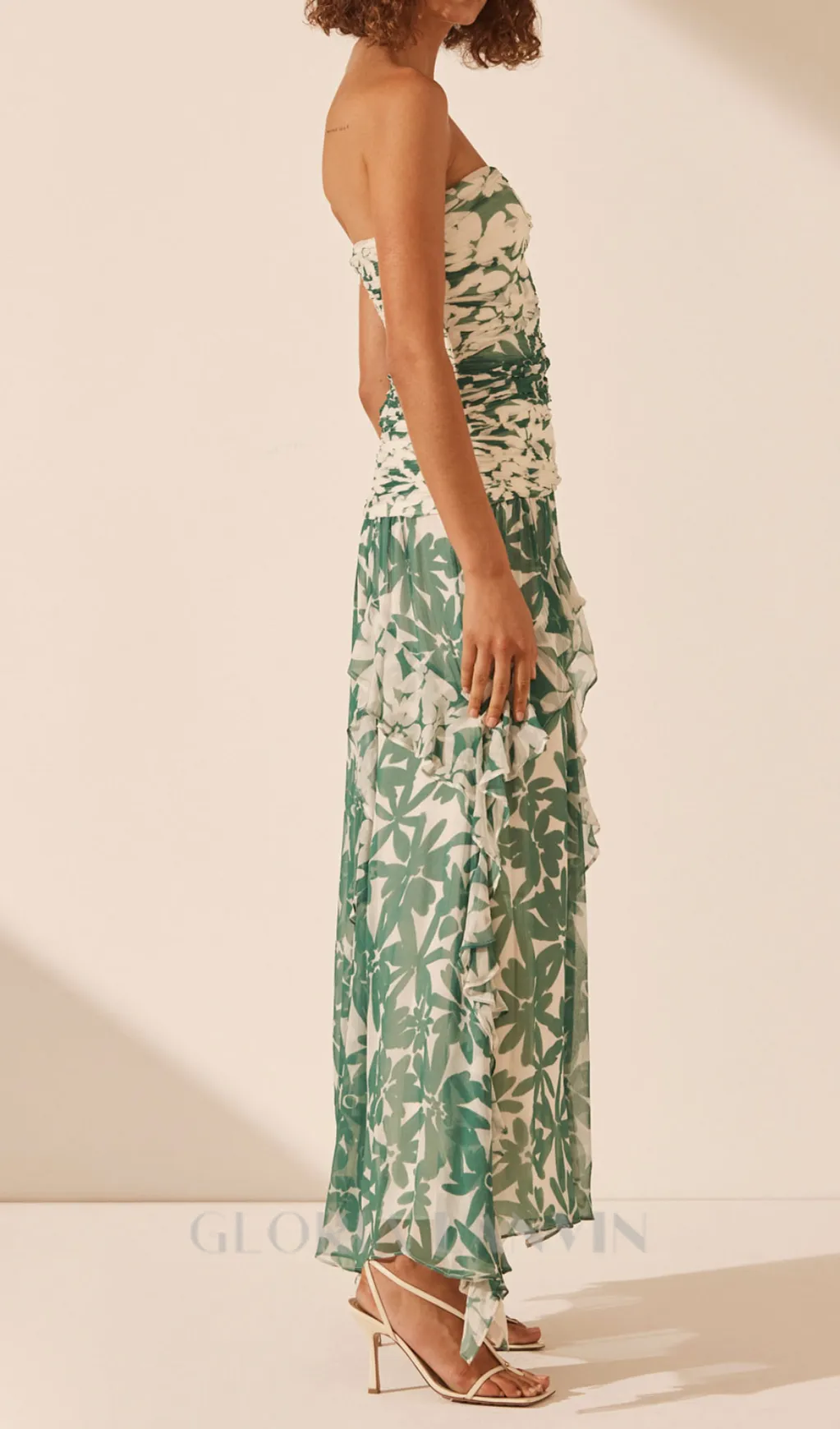 PRINT STRAPLESS CONTRAST MAXI DRESS IN GREEN Gloria Lanvin