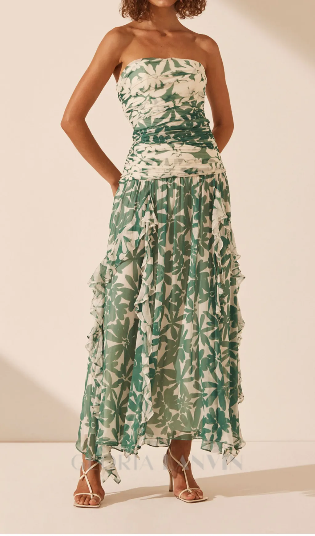 PRINT STRAPLESS CONTRAST MAXI DRESS IN GREEN Gloria Lanvin