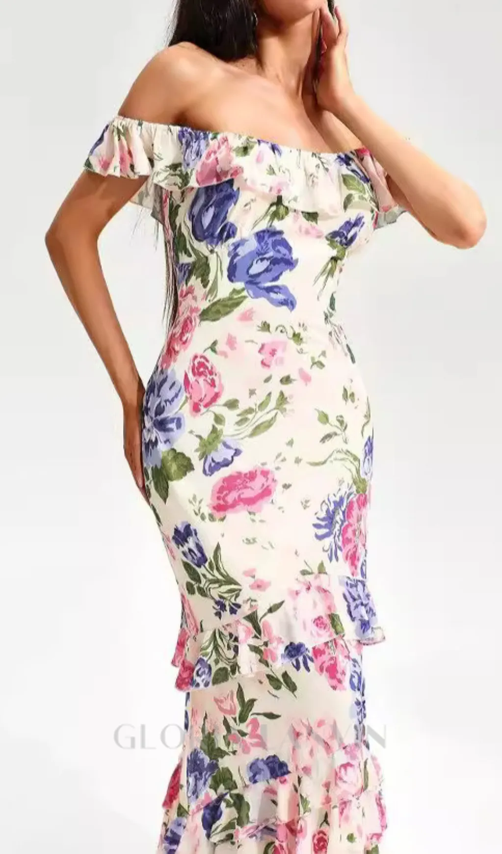 PRISCILLA MULTICOLOR OFF SHOULDER PRINT LAYERED MAXI DRESS Gloria Lanvin