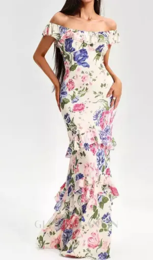 PRISCILLA MULTICOLOR OFF SHOULDER PRINT LAYERED MAXI DRESS Gloria Lanvin