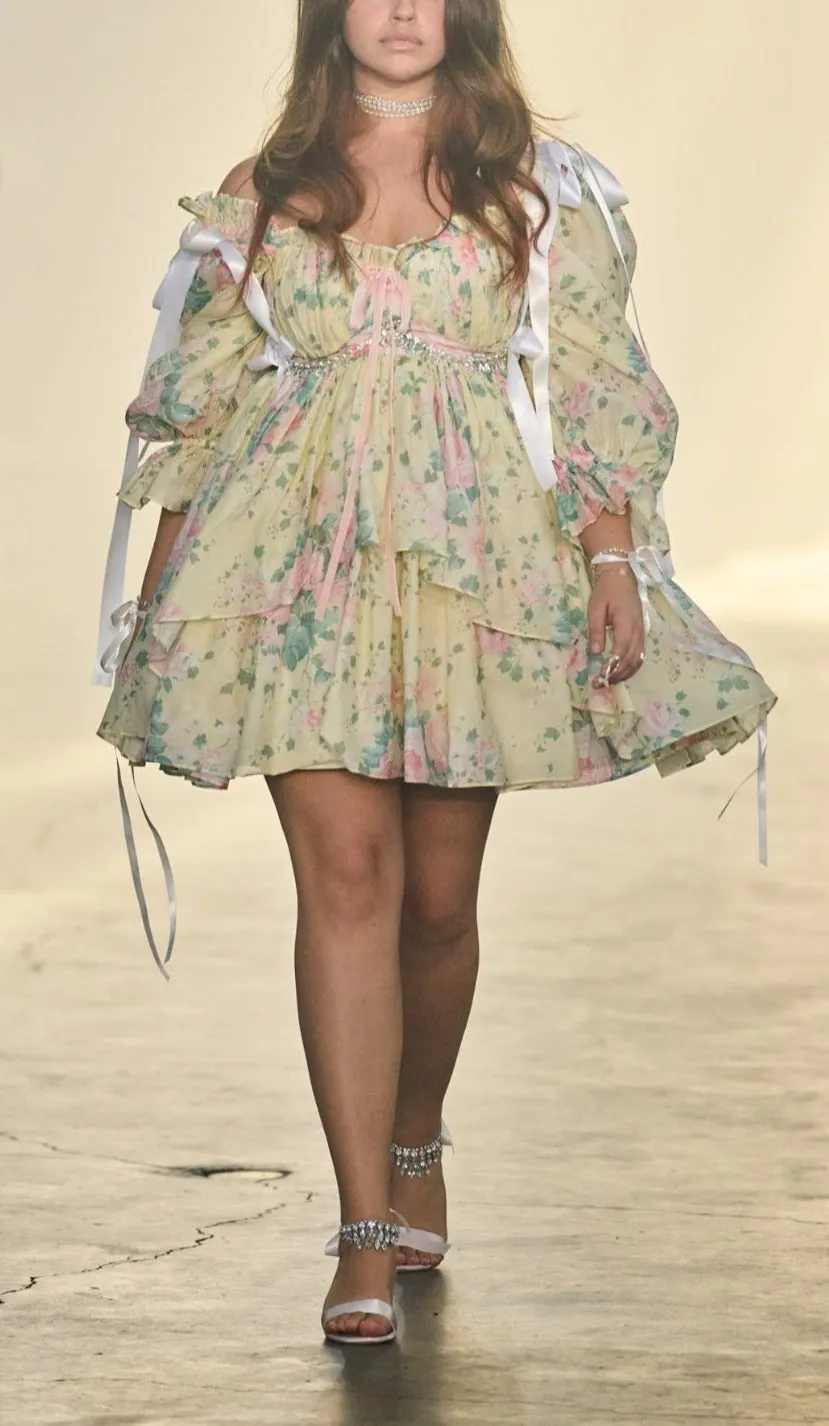 PUFF FLORAL MINI DRESS IN BUTTER Gloria Lanvin