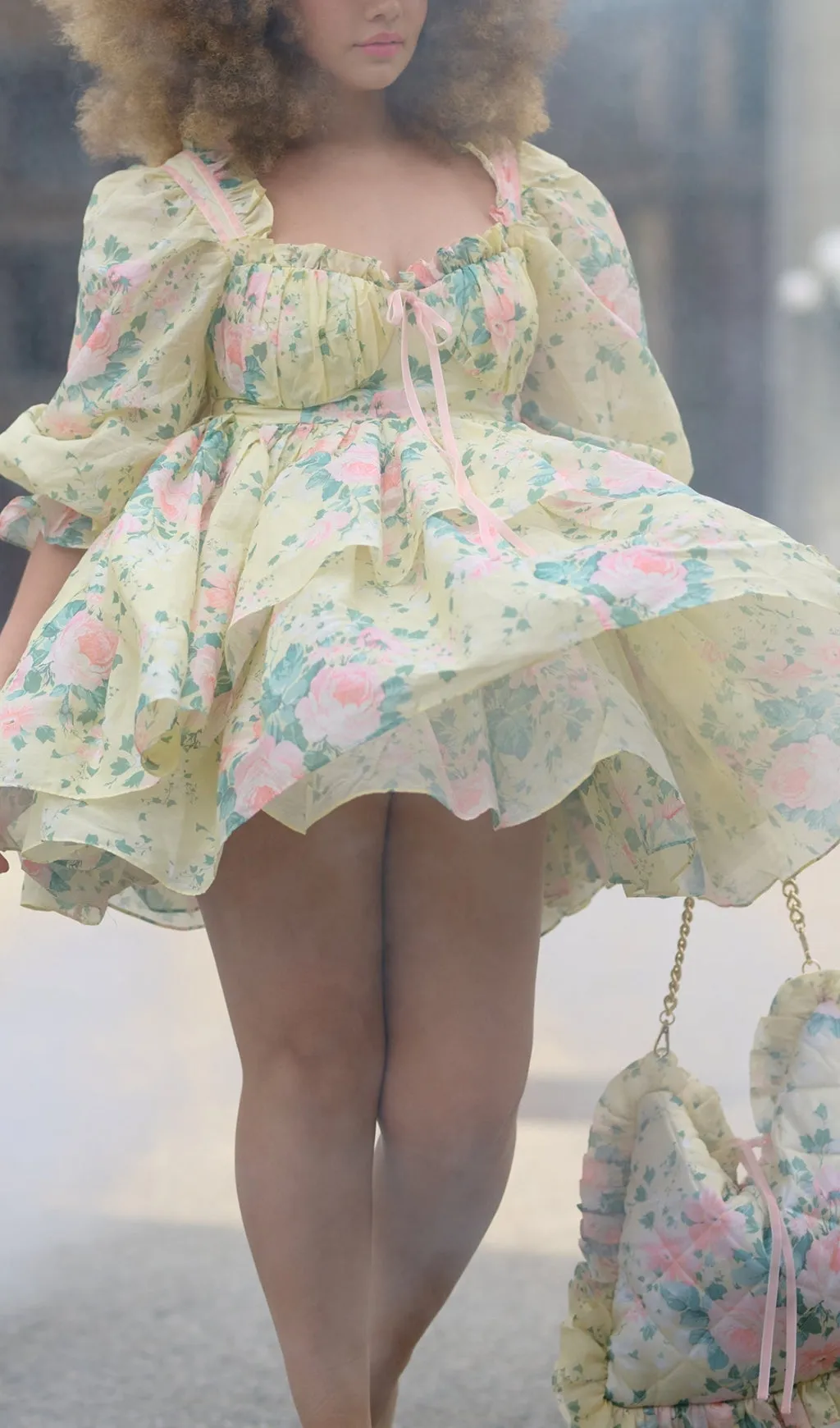 PUFF FLORAL MINI DRESS IN BUTTER Gloria Lanvin