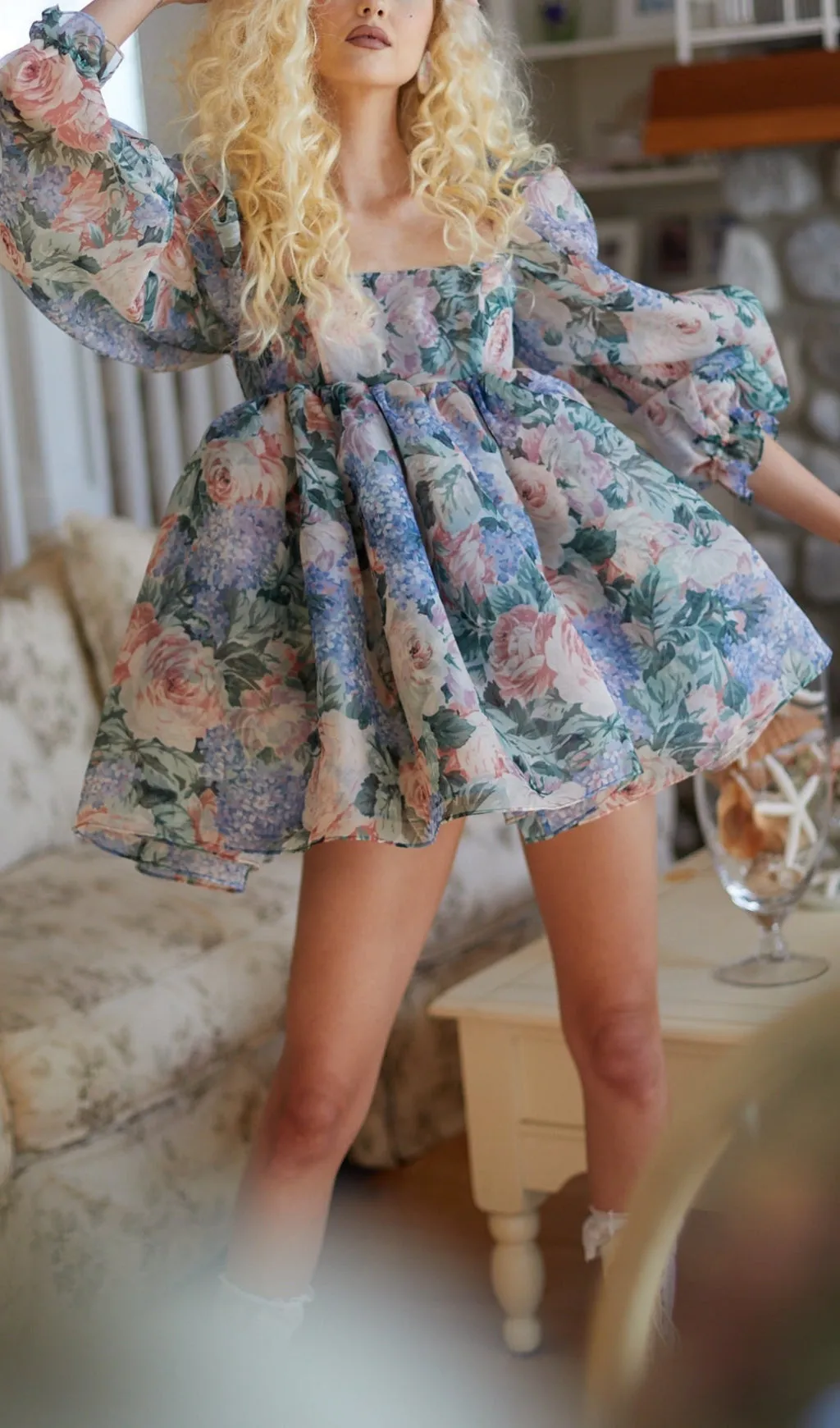 PUFF LONG SLEEVE FLORAL MINI DRESS Gloria Lanvin
