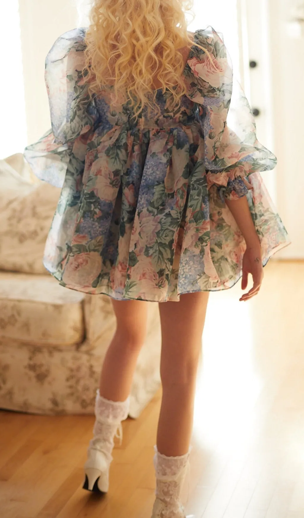 PUFF LONG SLEEVE FLORAL MINI DRESS Gloria Lanvin